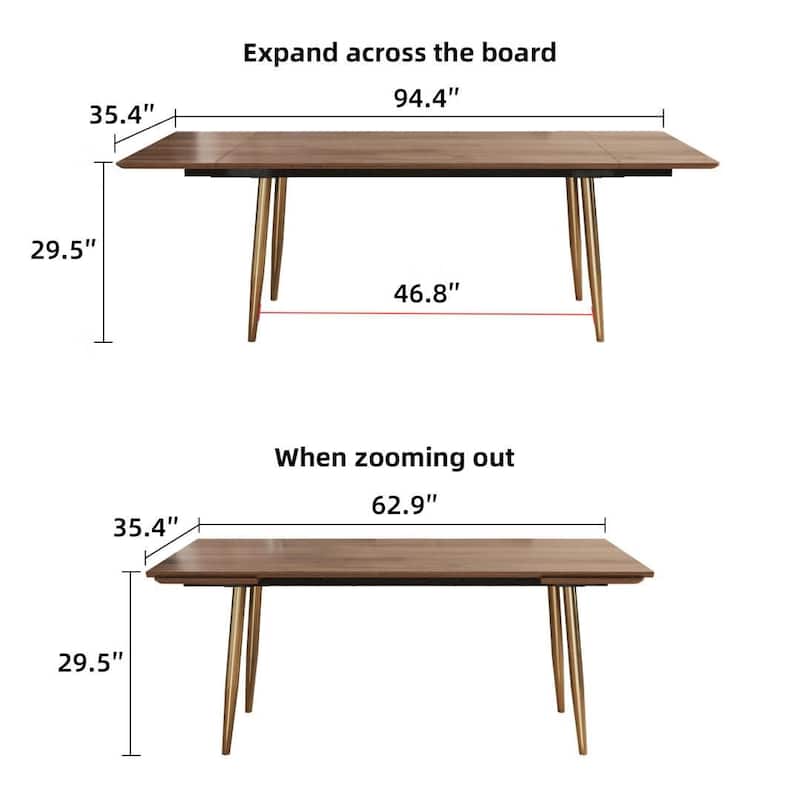 Modern Expandable Walnut Dining Table Adjustable from 62.9" to 94.4", Seats 8 to 10, with Sleek Stainless Steel Support Legs