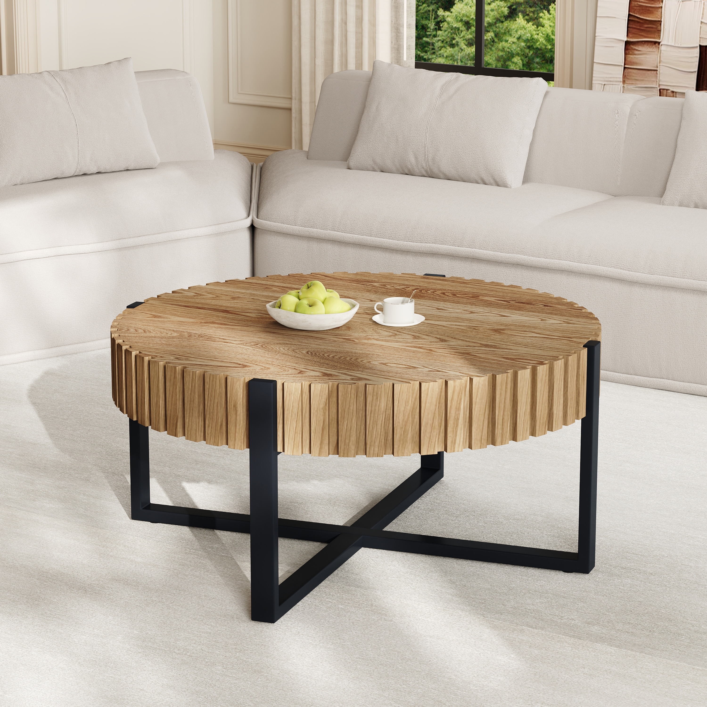 Round Coffee Table Side Table with Cross Metal Base, Black Natural Drum End Table Sofa Table for Living Room