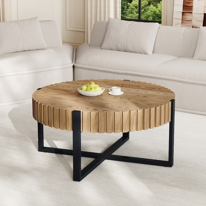 Round Coffee Table Side Table with Cross Metal Base, Black Natural Drum End Table Sofa Table for Living Room - Black Natural