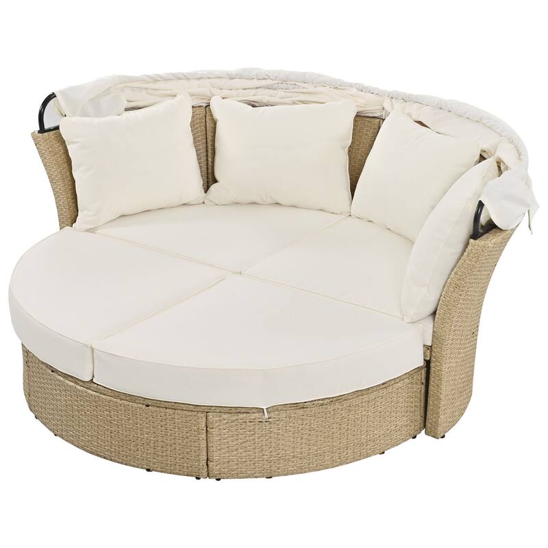 Outdoor 57" PE Rattan Round Daybed Sunbed with Canopy & 4 Pillows