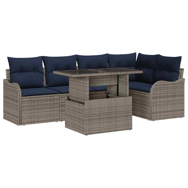 vidaXL 6 Garden Sofa Set with Cushions Black/Brown/Grey Poly Rattan - 91.5 x 48.2 x 27.2