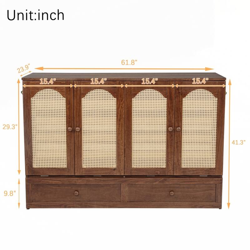 Pine Wood Cabinet Bed with Power Station and Rattan Decoration Panel
