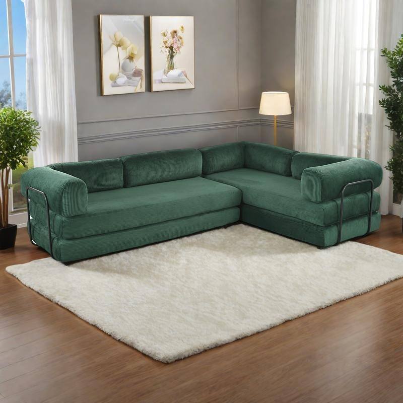 115" Polyester L-Shaped Modular Sofa Bed with Corduroy Upholstery and 4-Seat Configuration - Green