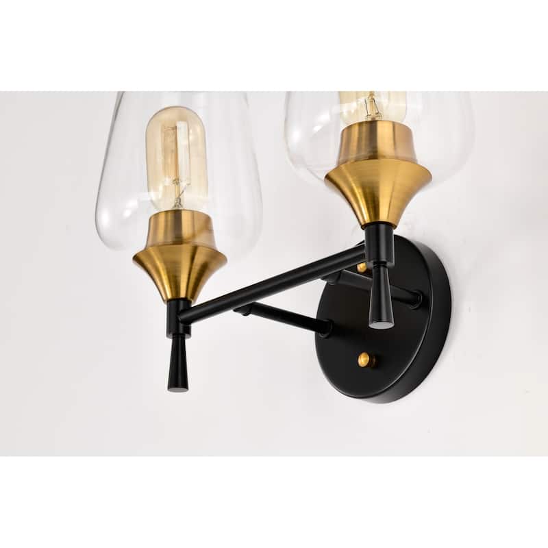 Black and Antique Brass 2-Light Vanity Light with Clear Wine Glass Shades