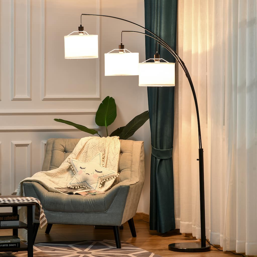 HOMCOM Arc Floor Lamp with 3 Hanging Drum Shape Lampshade, Flexible Steel Pole and Marble Round Base, Black/White