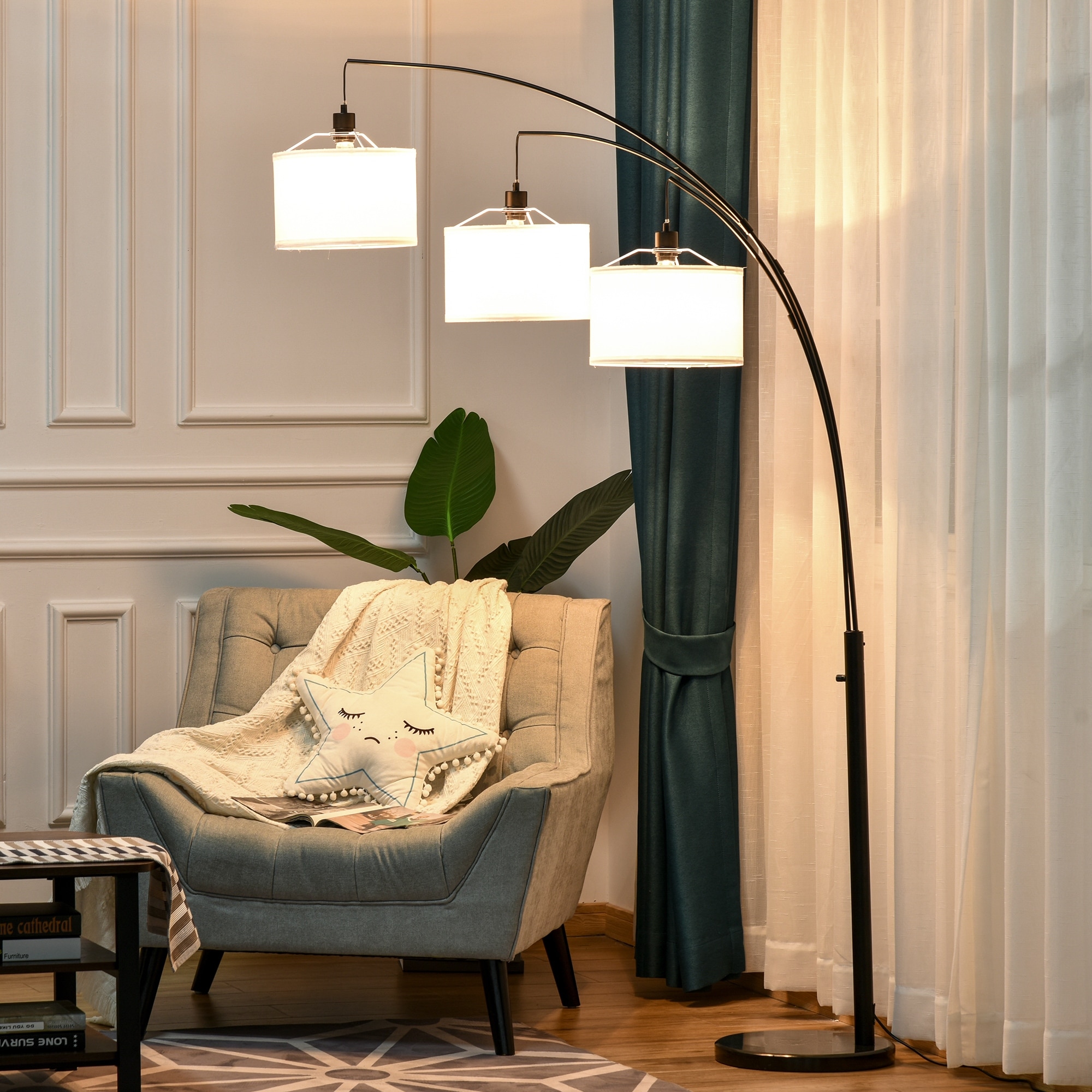 Homcom Arc Floor Lamp with 3 Hanging Drum Shape Lampshade Flexible Steel Pole and Marble Round Base Black White