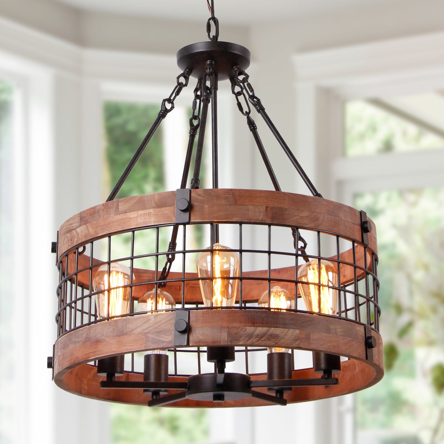 Anmytek Modern Farmhouse 5 Light Wooden Drum Chandeliers Round Metal Pendant Lights for Dining Room
