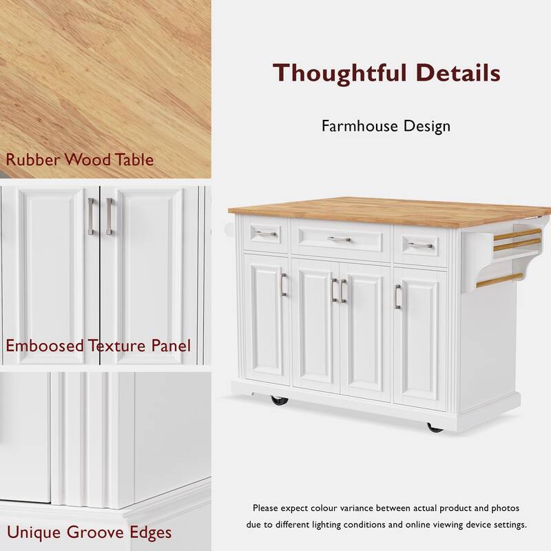 54-Inch Rubber Wood Kitchen Island With Drop Leaf, 4 Wheels, 4 Doors, 3 Drawers, For Kitchen Or Dining Room Storage. - 54inch