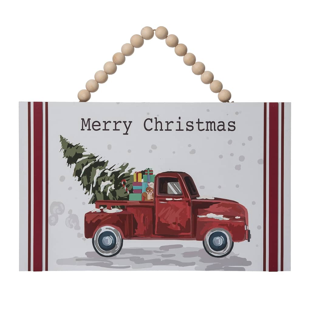 Transpac Wood 18.75 in. Multicolored Christmas Trucking Tree Farm Striped Wall Decor