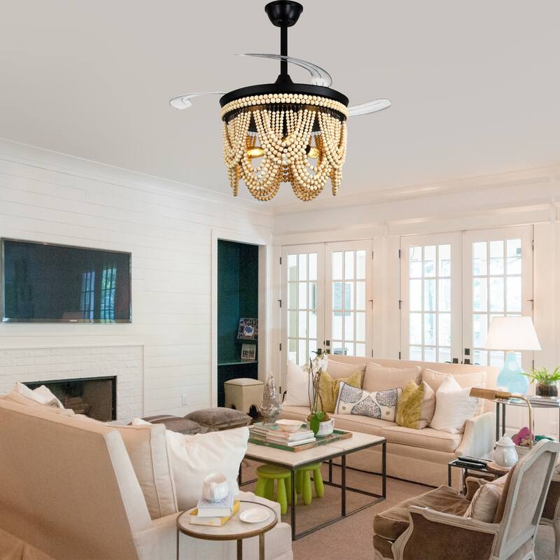 Bella Depot 42" Bohemian Retractable Ceiling Fan with Remote and Light 6-speed Reversible DC Motor