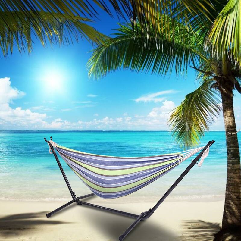 Portable Outdoor Green and Blue Striped Polyester Hammock Set