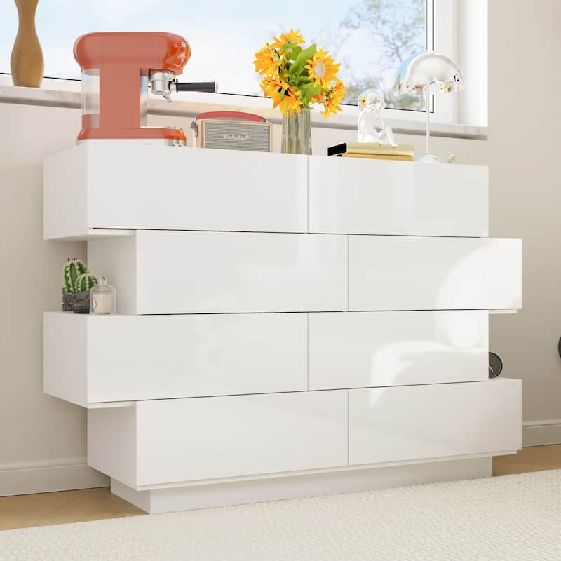 Contemporary High Gloss White Eight-Drawer Dresser, Chest of Drawers