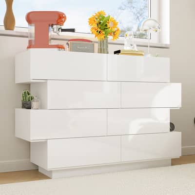 Contemporary High Gloss White Eight-Drawer Dresser, Chest of Drawers