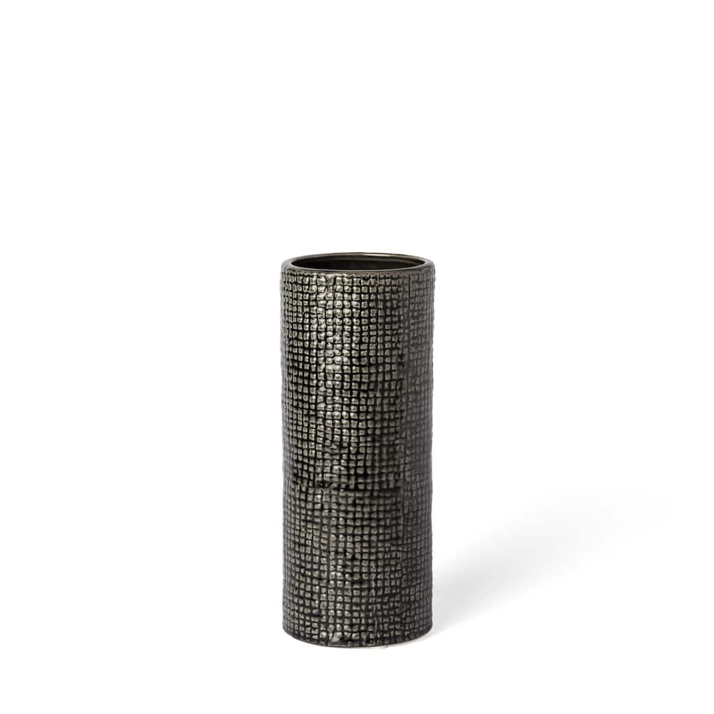 10" Black And Gold Abstract Cylinder Ceramic Table Vase - 4" x 4" x 10"