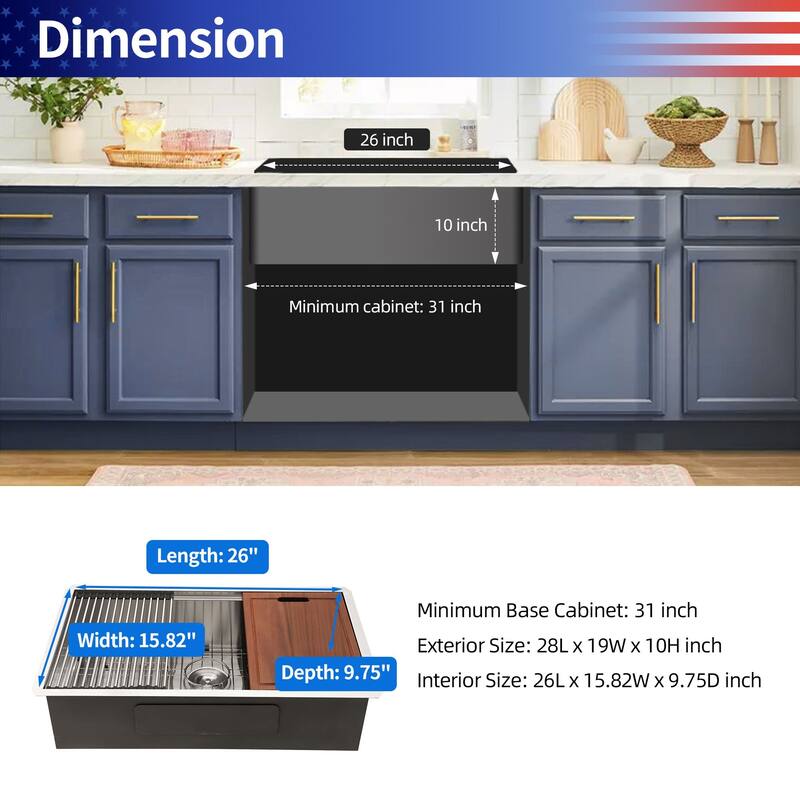 Undermount Single Bowl Stainless Steel Kitchen Sink with Workstation