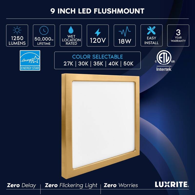 Luxrite 9 Inch Square LED Flush Mount Light, 18W 1250LM, 5CCT 2700K-5000K, Dimmable, ETL - Brass