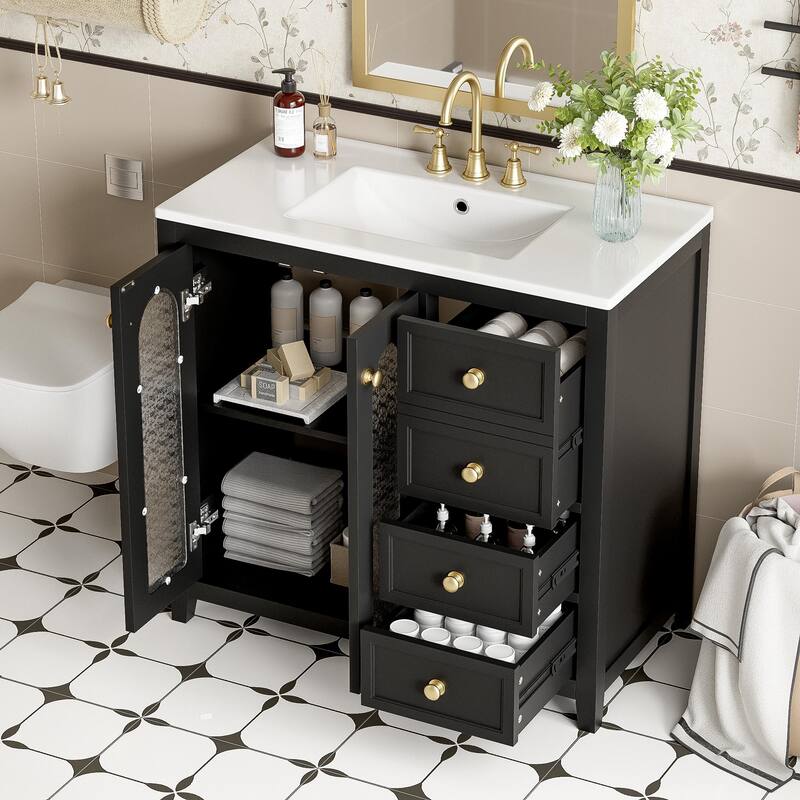 Bathroom Vanity with Ceramic Sink, Bathroom Cabinet with 2 Glass Door and 3 Drawers, Vanity Set with Adjustable Shelf - Black