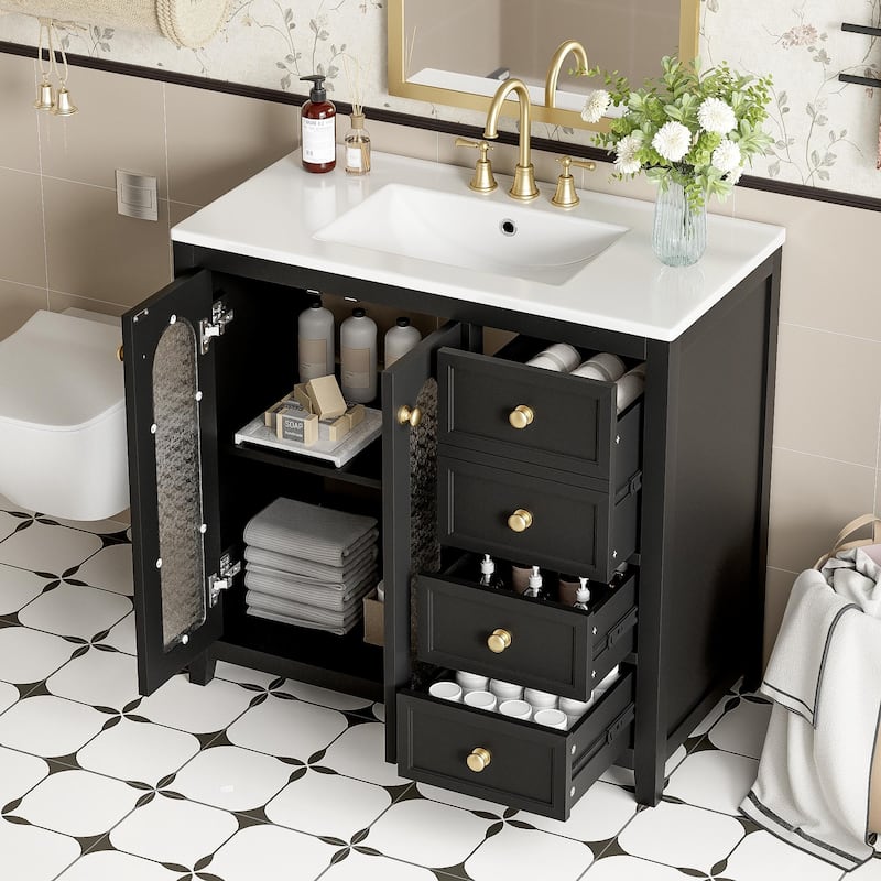 GDFStudio - Terra 36" Bathroom Vanity with Ceramic Sink, 2 Soft-Close Galss Doors, Shelves & 3 Drawers