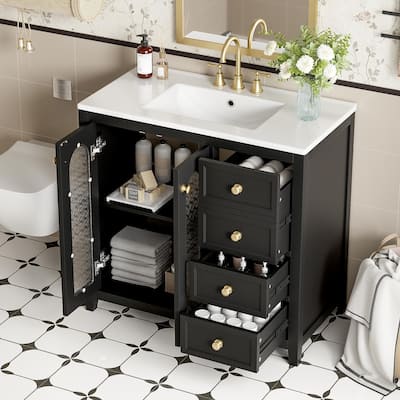 GDFStudio - Terra Wood & Ceramic 36" Bathroom Vanity with Sink, 2 Soft-Close Doors, Shelves & 3 Drawers