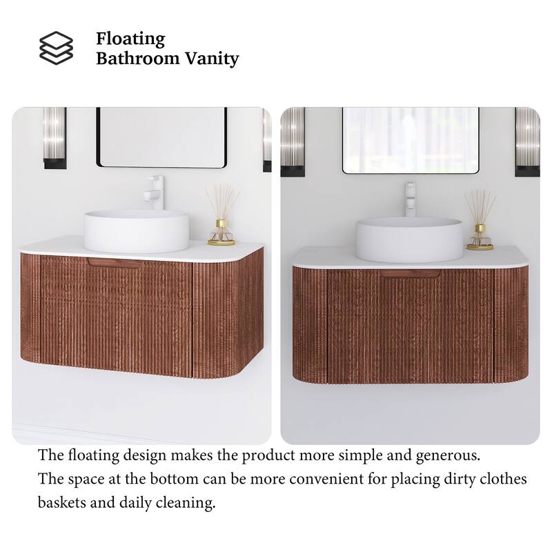 Plywood Wall-Mounted Bathroom Vanity Set with Integrated Ceramic Sink in Natural Wood