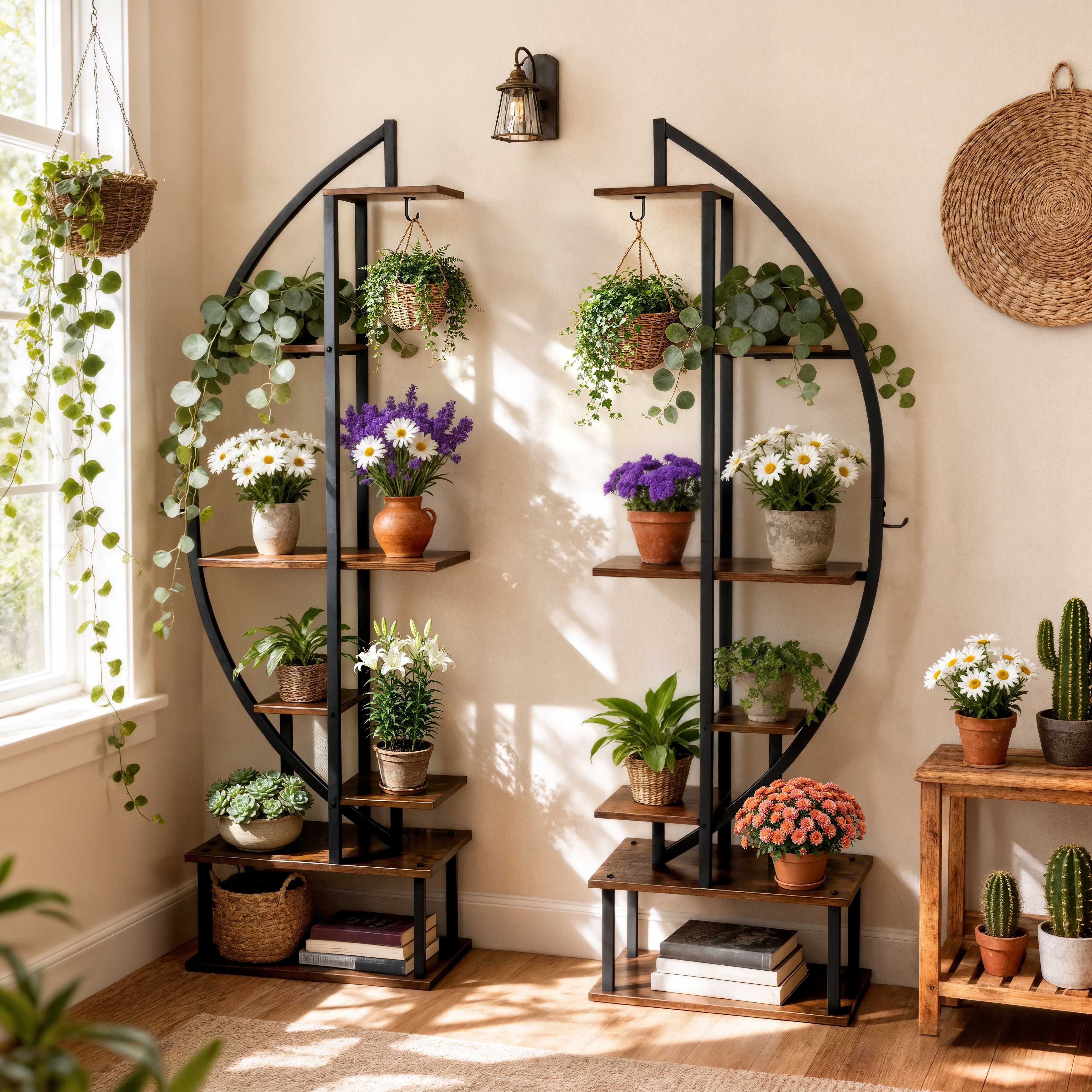 2 Pack Half Moon Tall Metal Plant Stand or Flower Pot Rack with LED Grow Lights - 39.5x10.3x65 inch