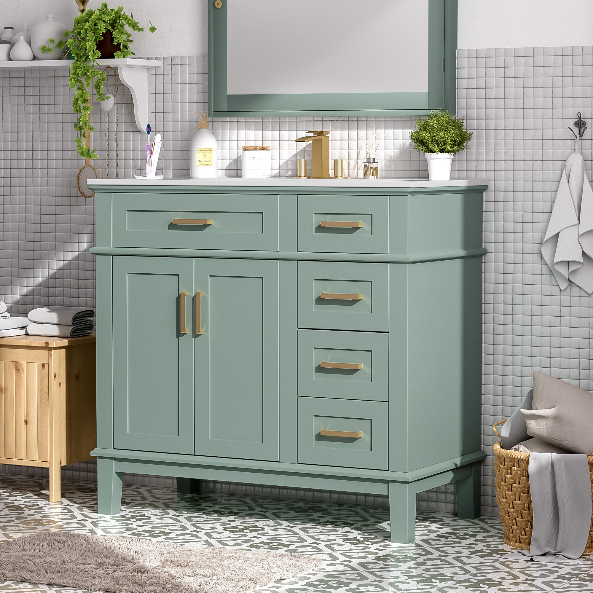 GDFStudio - Elysia Modern 36" Freestanding Bathroom Vanity with Ceramic Sink, Soft-Close Doors & 4 Drawers