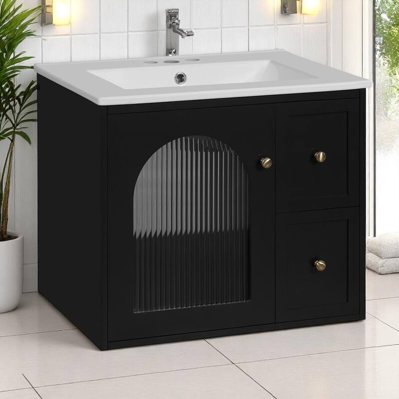 24" Wall-Mounted Bathroom Vanity with Ceramic Sink, 2 Drawers & Glass Door Cabinet, Modern Floating Design for Small Spaces