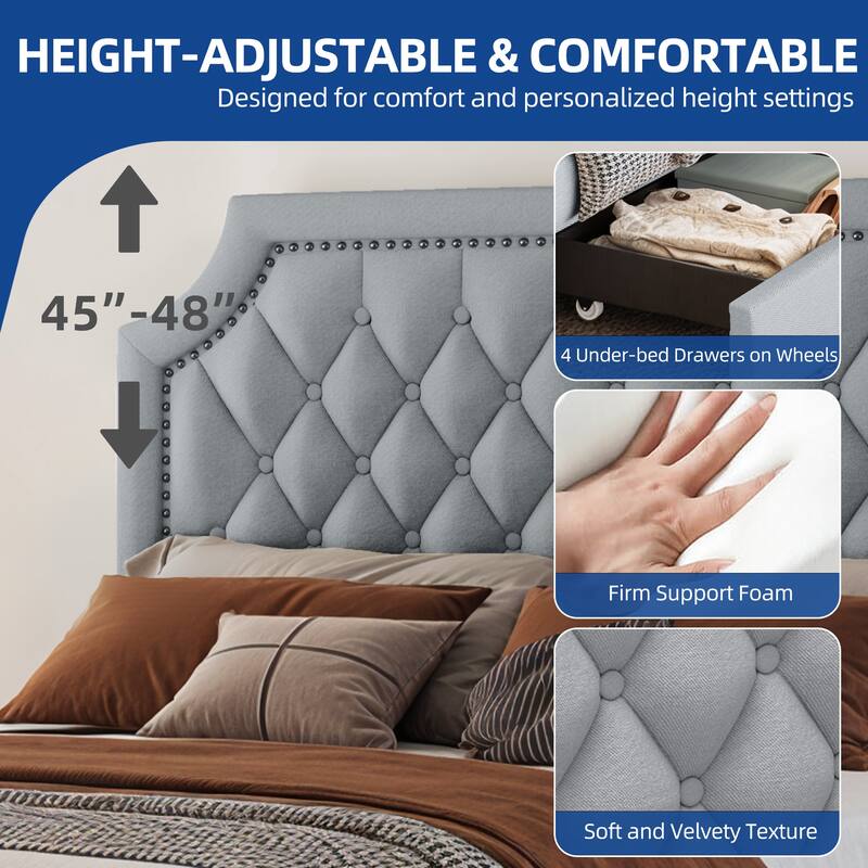Moasis Velvet/Linen Upholstered Bedframe with Adjustable Headboard and 4 Storage Drawers