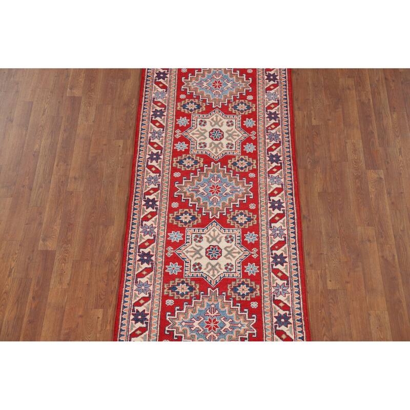 Red Geometric Kazak Oriental Runner Rug Hand-Knotted Wool Carpet - 2'8" x 9'7"