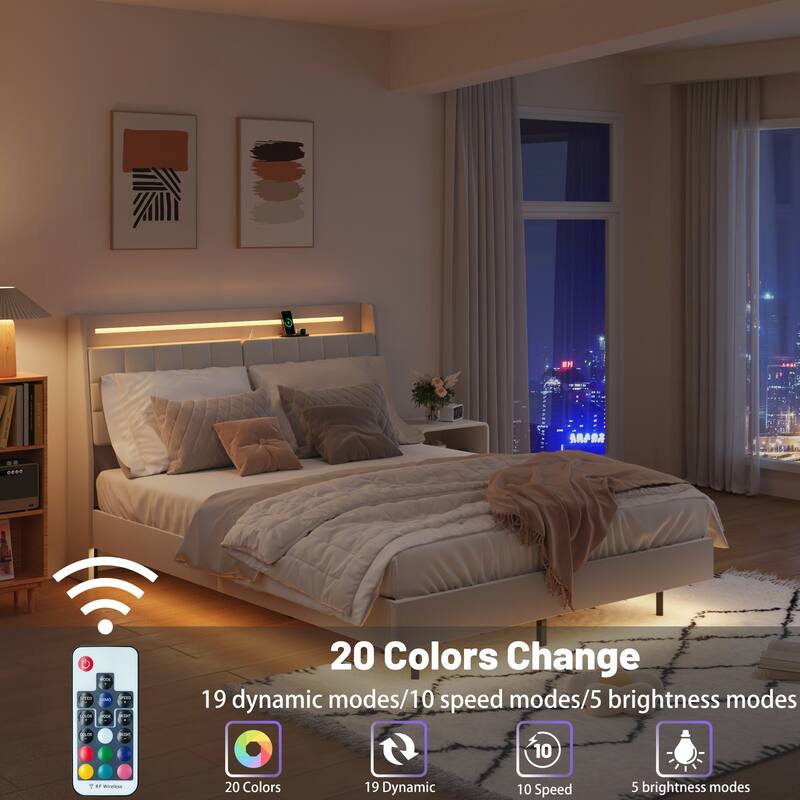 Full Floating Bed Frame with LED Light and Charging Station