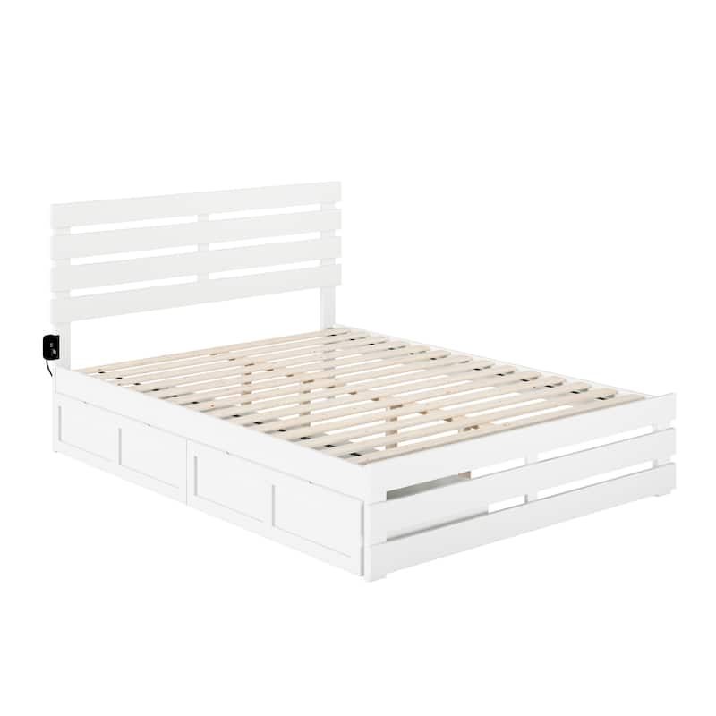 Queen Bed with Footboard & Storage - USB Charger, White Finish, 76" x 55"