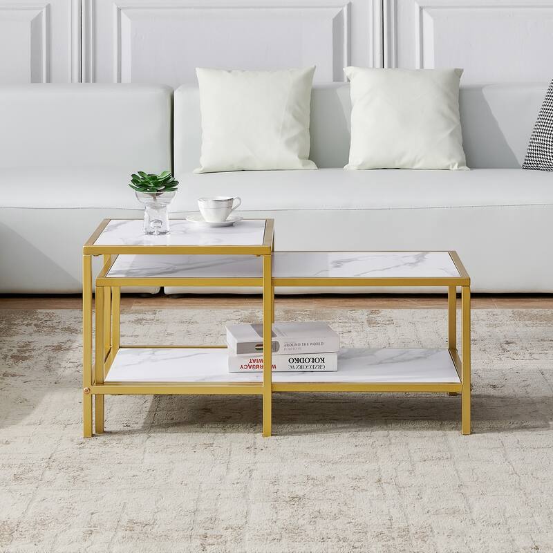 Wood marble color top Modern Nesting coffee table Square & rectangle With Black metal frame