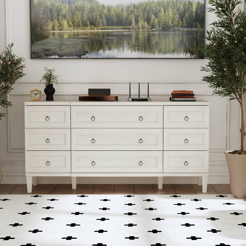 63.4" Wide 9 Drawer Dresser, Modern Light Wood Bedroom Dresser with Solid Legs for Storage - White/Wood