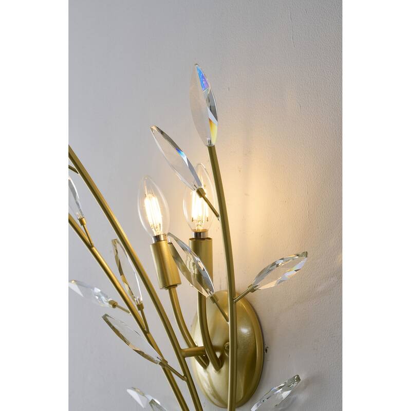 2-Light Gold Branch Wall Sconce With Clear Crystal Accents