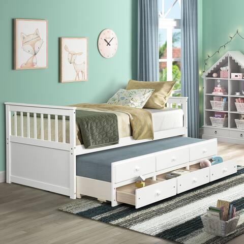 CTEX Twin Size Solid Wood Captain's Bed with Twin Size Trundle Bed and 3 Storage Drawers
