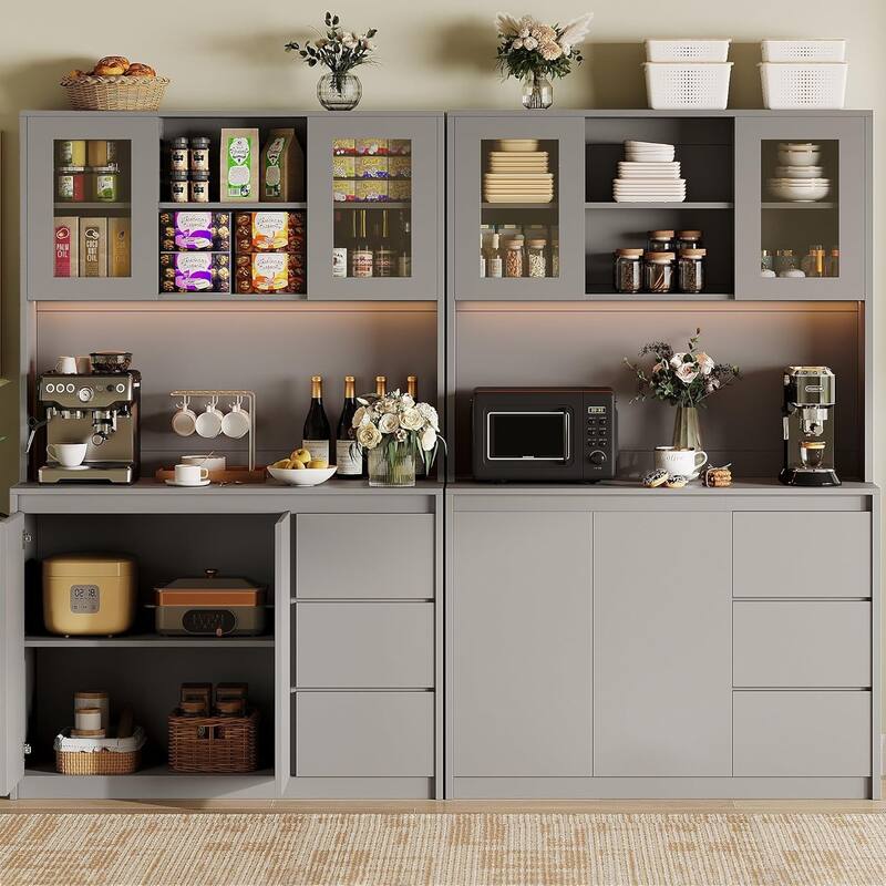Kitchen Pantry Cabinet , Tall Storage Cabinet with Countertop and LED Lights