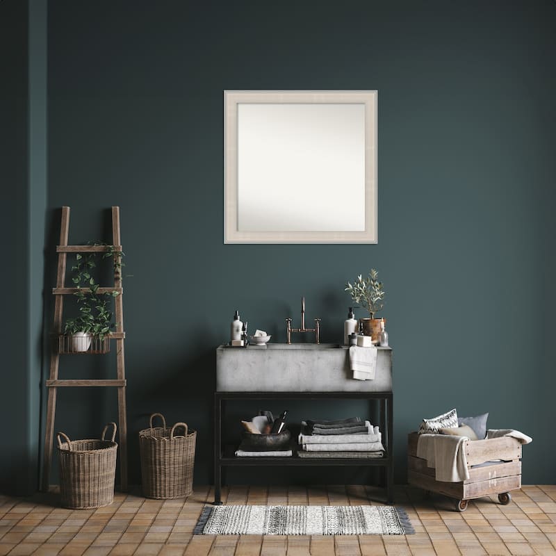 Cottage White Silver Non-Beveled Wood Framed Bathroom Vanity Wall Mirror - Cottage White Silver