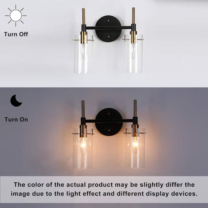 Modern Black Gold Bathroom Vanity Light Dimmable Wall Sconces with Cylinder Clear Glass