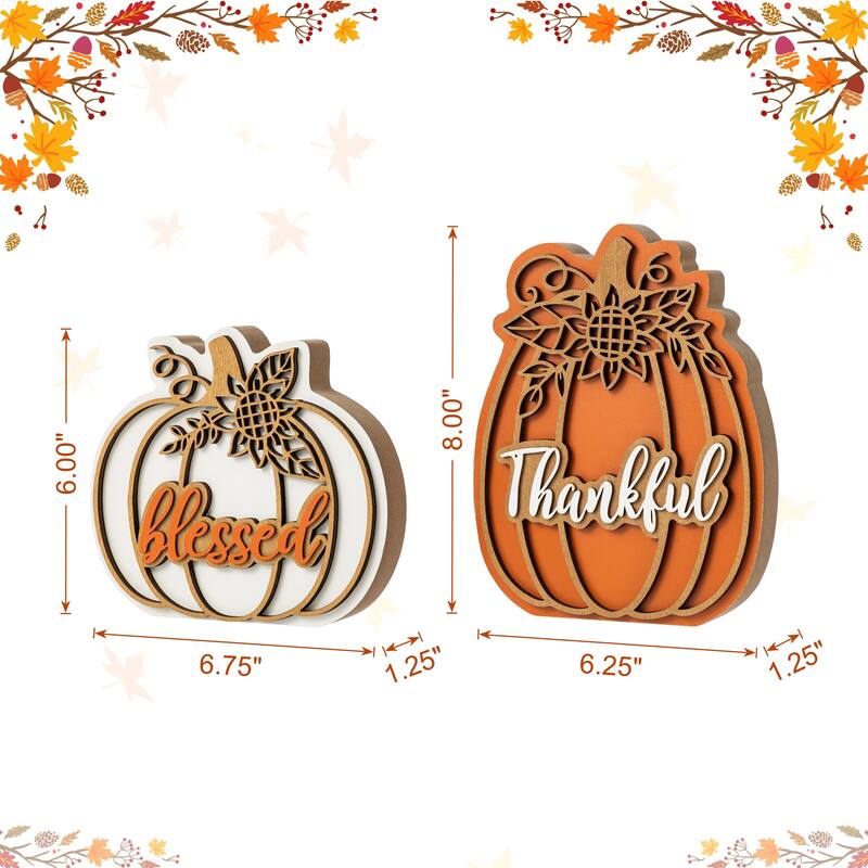 Glitzhome 8"H Set of 2 Fall Thanksgiving Wooden Pumpkin Table Decor