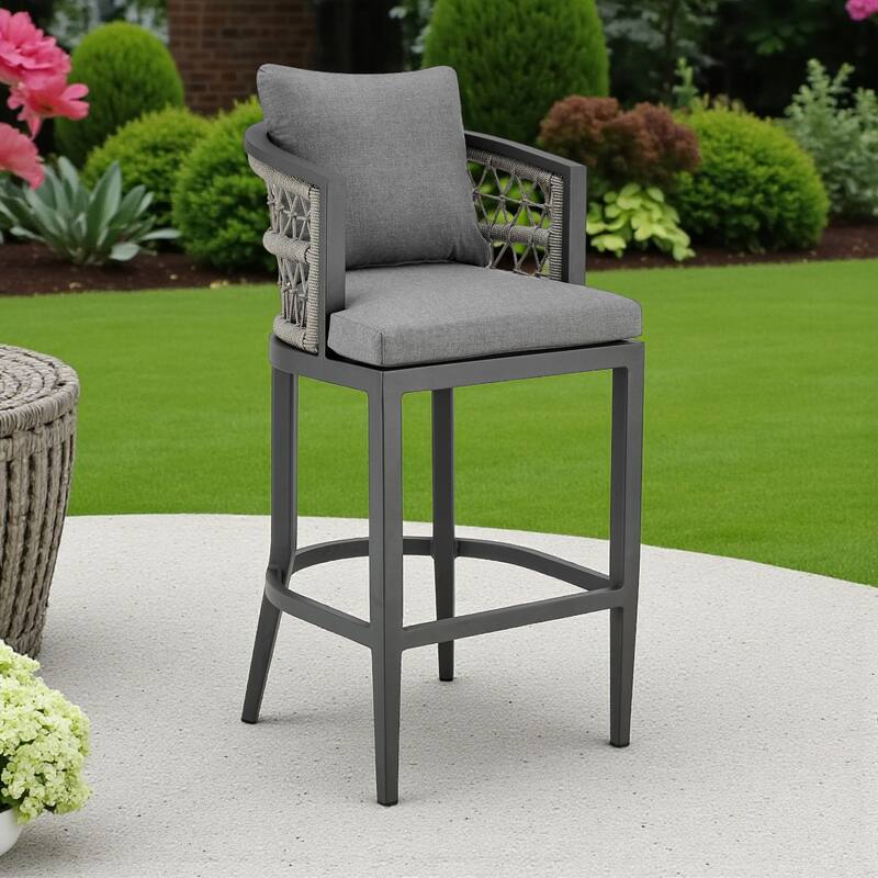 HomeRoots 37" Gray Metal Outdoor Counter Height Bar chair with Footrest - Gray