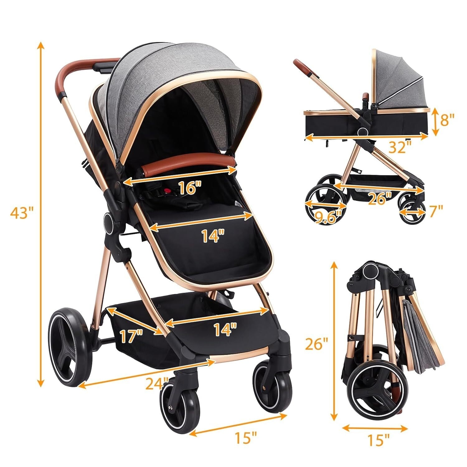 2 in 1 High Landscape Convertible Baby Stroller, Foldable Pushchair