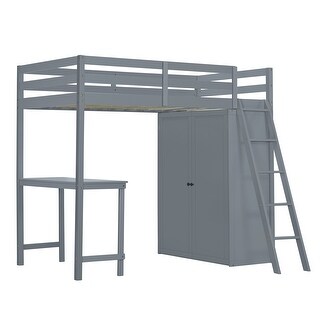 Lodge Design Twin Size Loft Bed with Wardrobe and Desk,Solid Wood Design