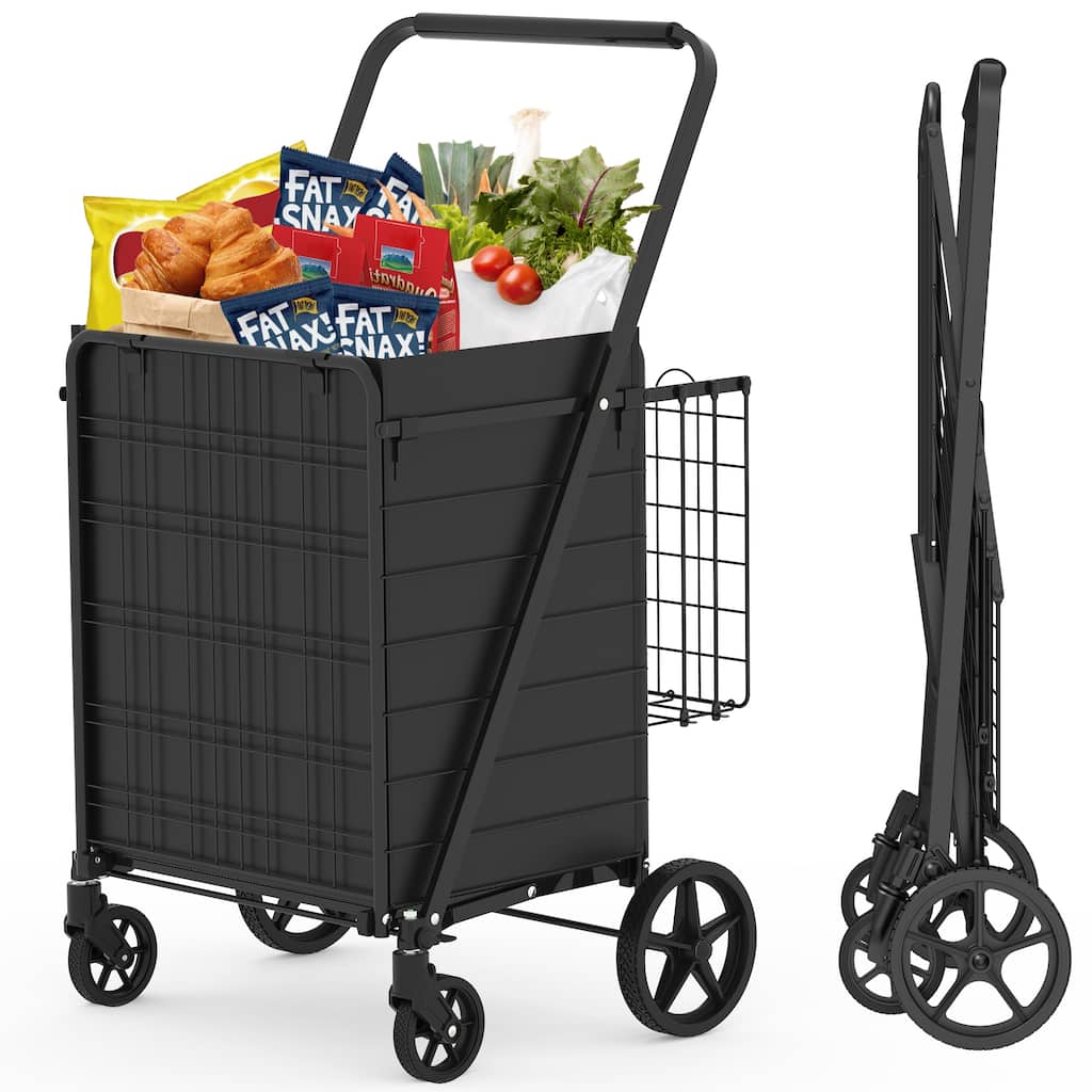 Foldable Extra Large Grocery Shopping Cart w/ Double Basket and 360 Rolling Swivel Wheels