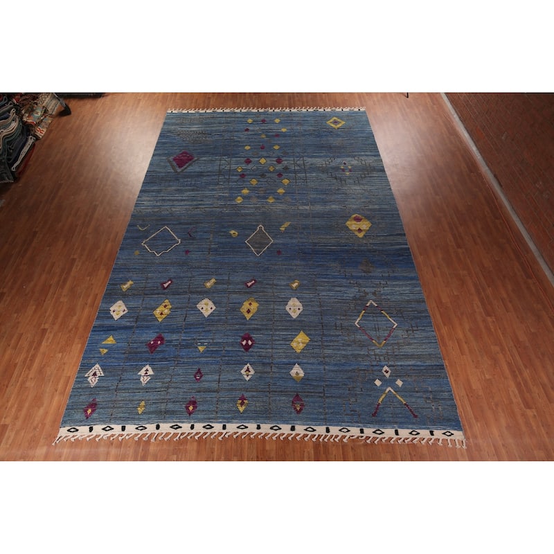 Blue Geometric Moroccan Large Area Rug Hand-Knotted Wool Carpet - 12'1"x 18'5"
