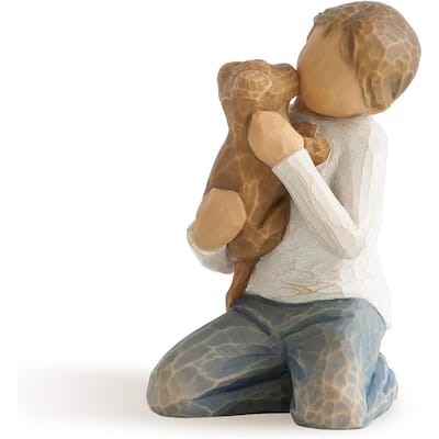 Willow Tree Kindness, Boy in Blue Jeans Holding Dog, 3-inch Sculpted Figure