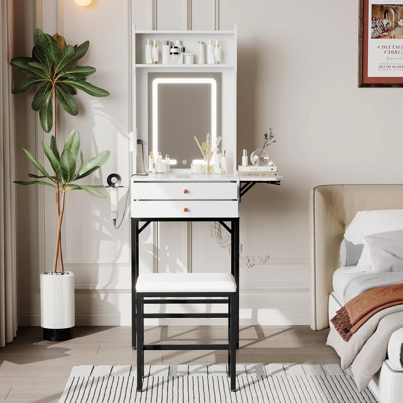 Small Compact Vanity Desk with LED Mirror and Lights for Bedroom Apartment - Black
