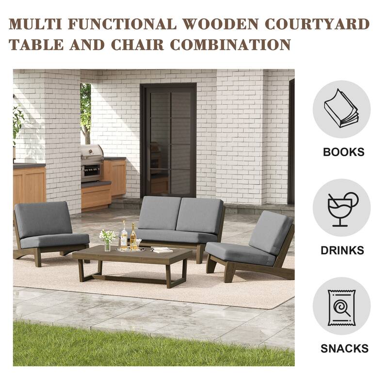 4 Set Outdoor Patio Teak Wood Club Chairs Loveseat with Cushion