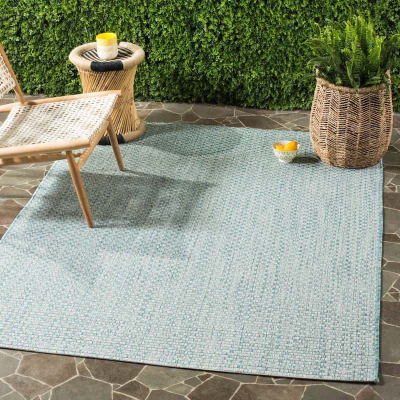 SAFAVIEH Courtyard Judi Indoor/ Outdoor Patio Backyard Rug - 6'7" x 9'6" - Light Blue/Light Grey