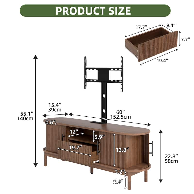 Moasis Mid-Century Modern Fluted TV Stand with Drawer and Adjustable Mount for Living Room
