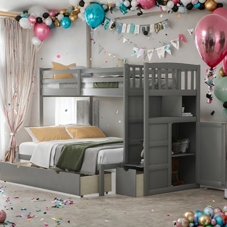 Twin over Full/Twin Bunk Bed, Convertible Bottom Bed, Storage Shelves and Drawers,3 Beds in 1 Bunk Bed,Space-saving,2 Color